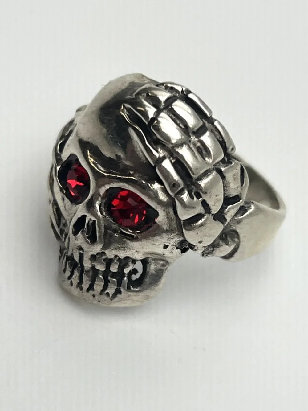925 Silver Men's Gothic Skull Ring w/ Red Crystal Eyes & Skeleton Hands - Sz. 12